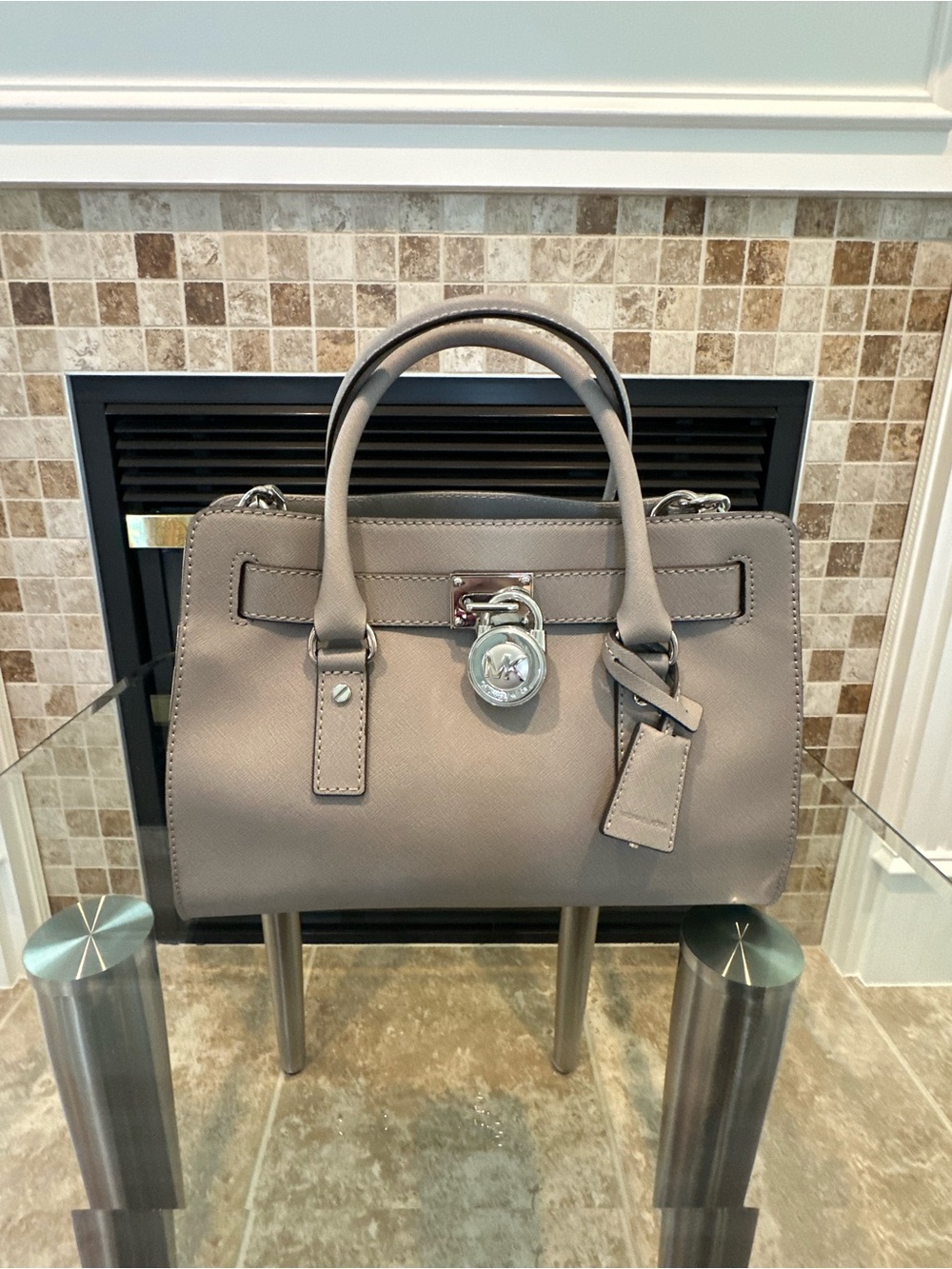 Grey Leather Satchel Handbag - Classic Structured Tote